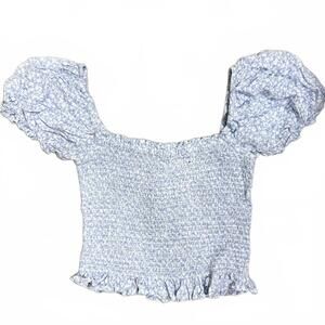 Windsor Blue Floral Smocked Puff Short Sleeve Crop Top- Size Medium